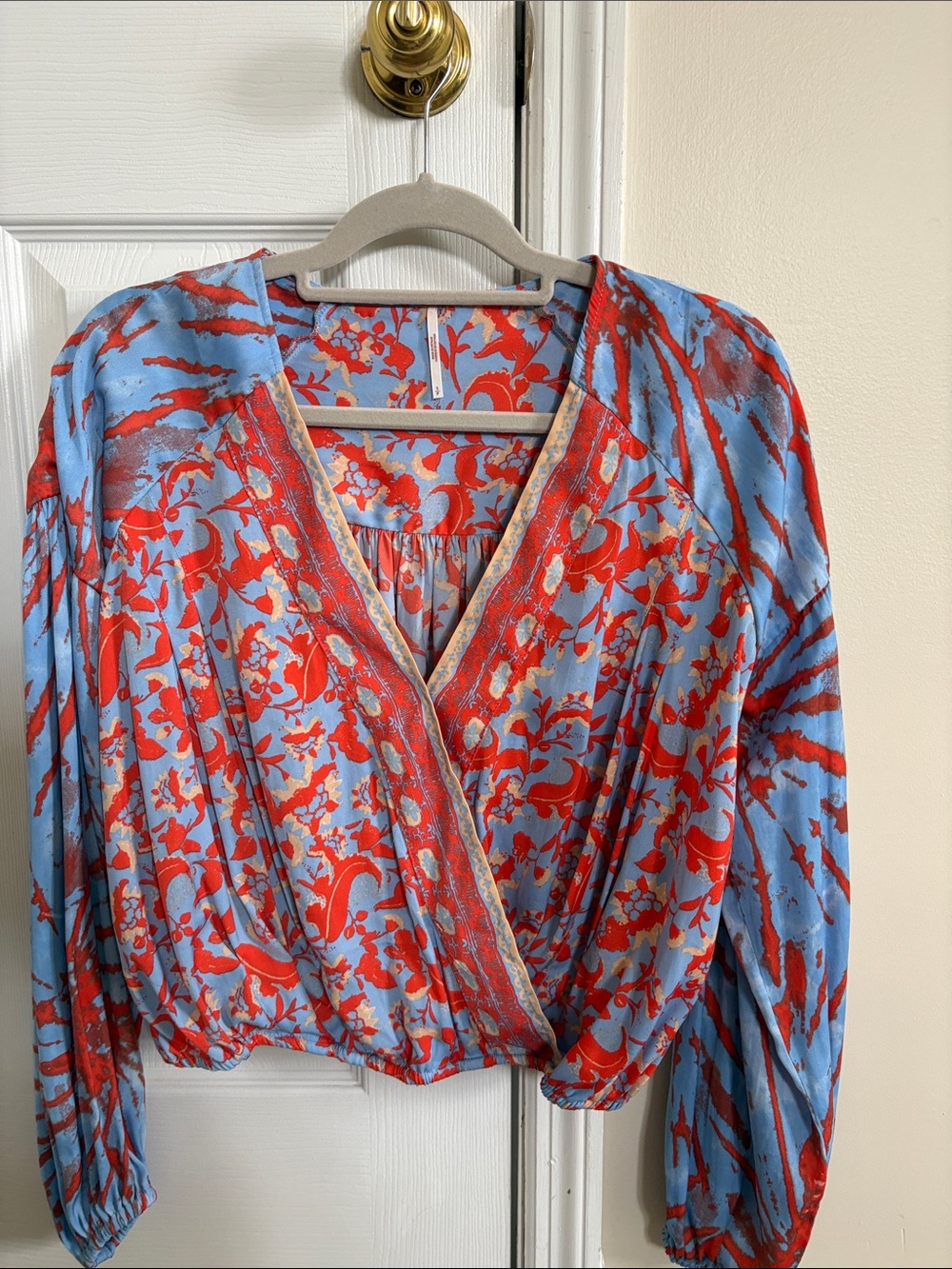 Free People Sky Blue Wrap Blouse with Red Floral Print